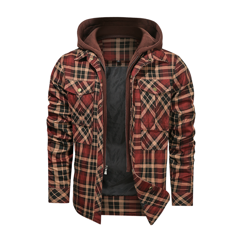 Men long-sleeved plaid jacket regular fit with fleece and detachable hoodies.