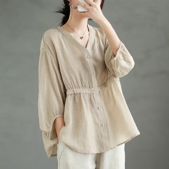 Tiansi Ramie New V neck Shirt For Women Loose Fitting Khaki - Shop at LoveMi