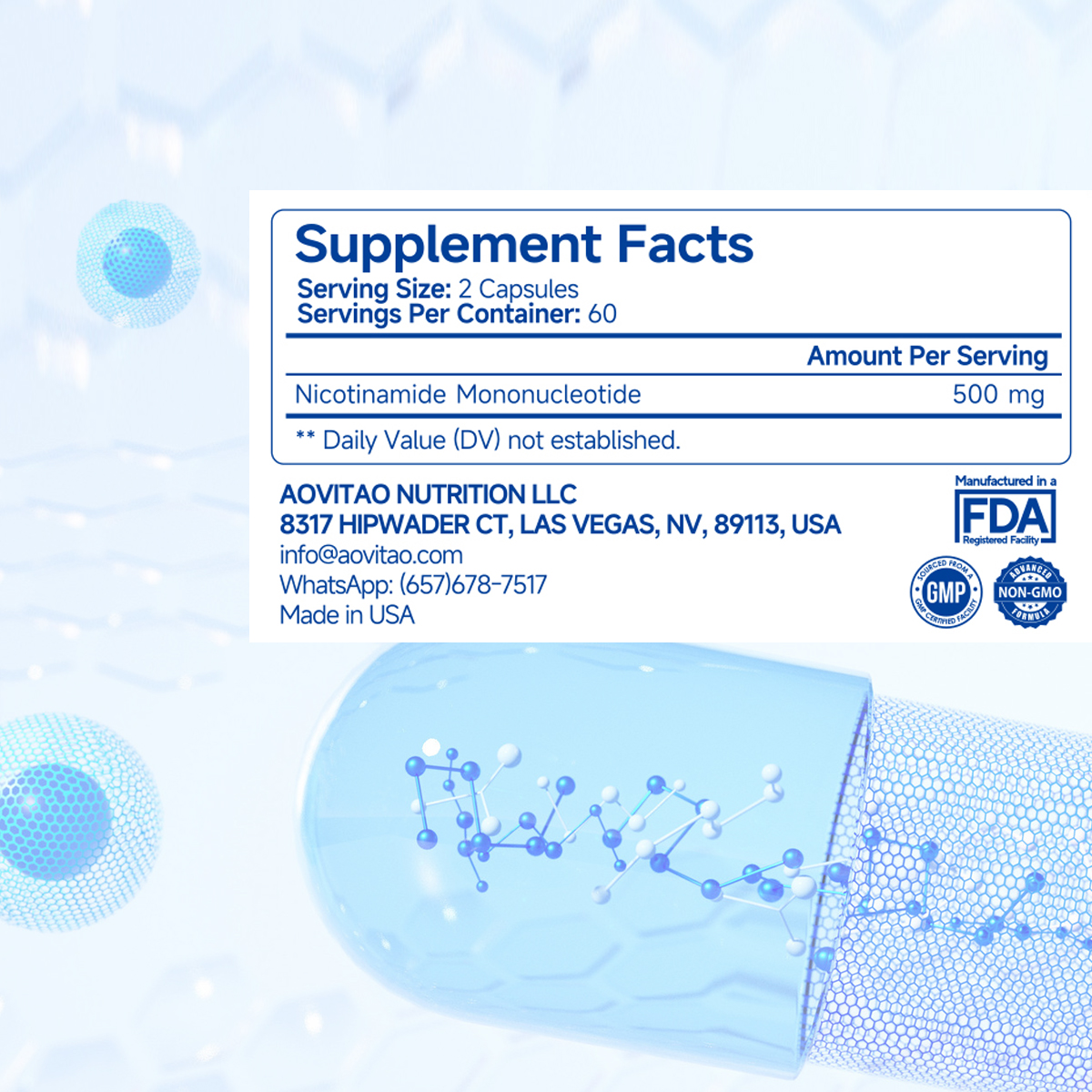 NMN Supplement 500mg Ultra Pure 99.8 Stabilized Form Supports NAD Production Cellular Health Healthy Aging 60 Capsules