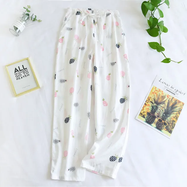 Women's Cotton Double Layer Gauze Multicolor Home Pajama Pants White Small Pineapple - Shop at LoveMi