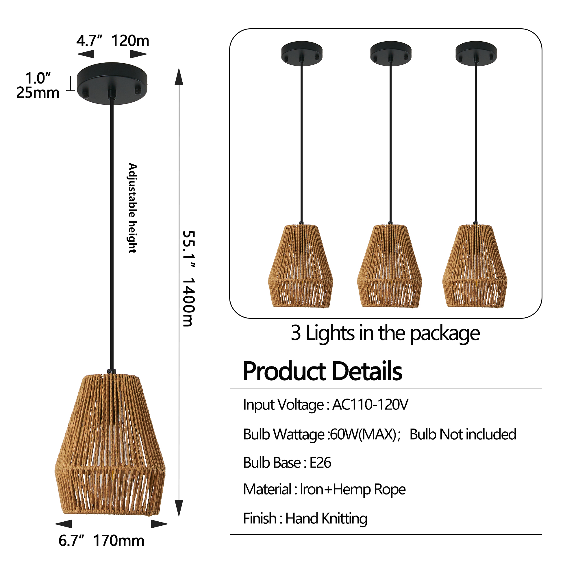 7inch Set Of 3 Rustic Hemp Rope Pendant Light, Handcrafted Farmhouse Hanging Light Fixture, Adjustable Height Ceiling Lamp For Kitchen Island, Dining Room,Or Living Room, Natural Woven Design
