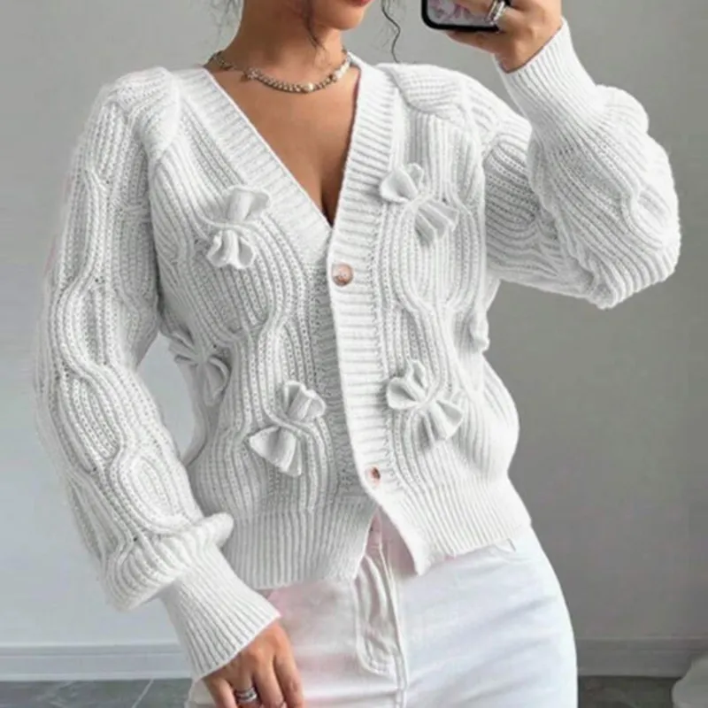 Women's Bow Cropped Cardigan - Long Sleeve V-Neck Button Down Knit Sweater Top - White