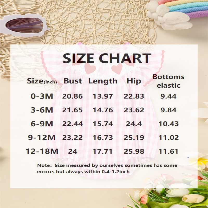 Baby Girl's Short Sleeve Checkered Romper Heart Embroidery & Ruffle Detail With Back Cut-Out And Snap Closure