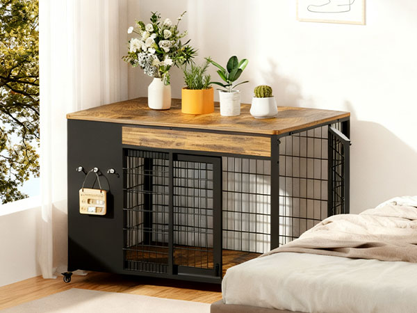 38in Dog Crate Furniture - Dog Crate With DIY Frame, Sliding Door Indoor Kennel, Wooden Dog Cage End Table, For Medium-Large Breed, Size L