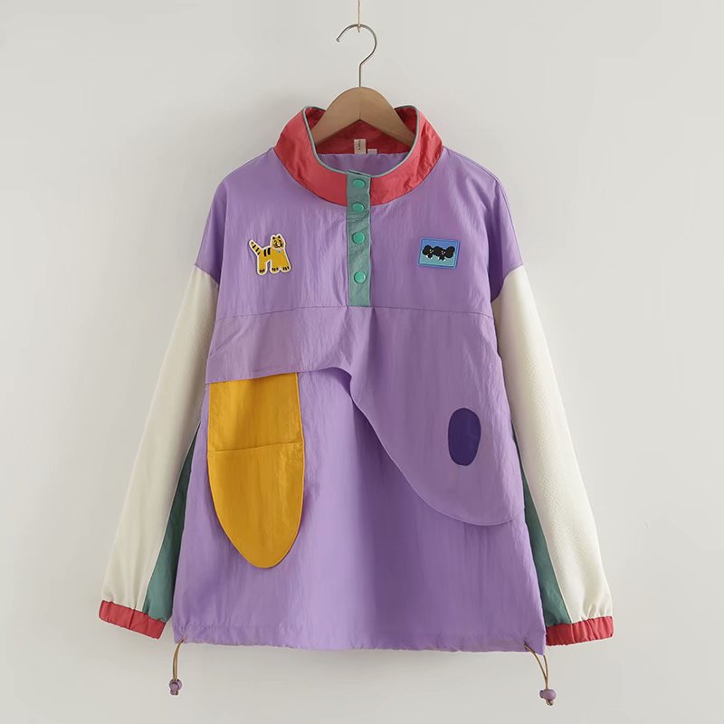 Girl Long Sleeve Stand Collar Multicolor Hoodie Short Coat