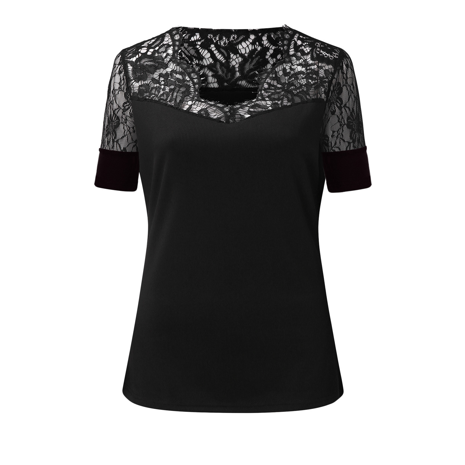 Title 4, V Neck Lace Trim Blouse With Short Sleeves