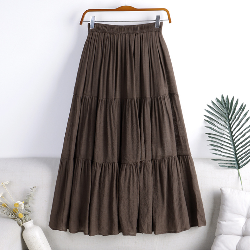 Cotton And Linen Skirt Color Fabric Splicing For Commuting Brown - Shop at LoveMi