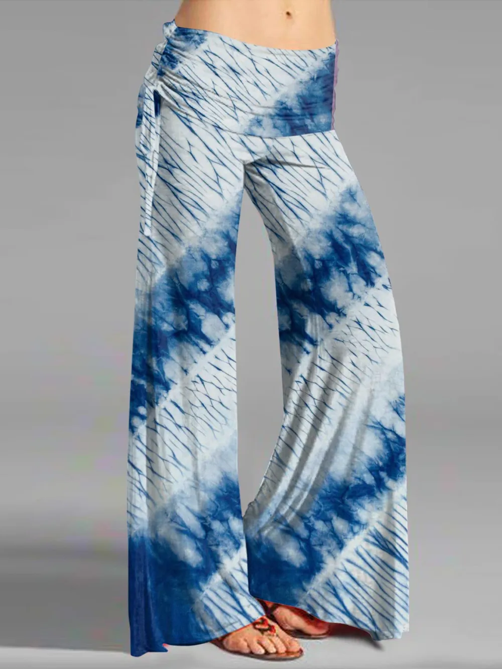 Women Blue Tie Dye Flare Pants Fold Over High