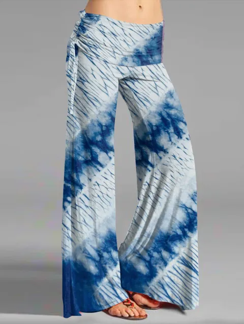 Women Blue Tie Dye Flare Pants Fold Over High