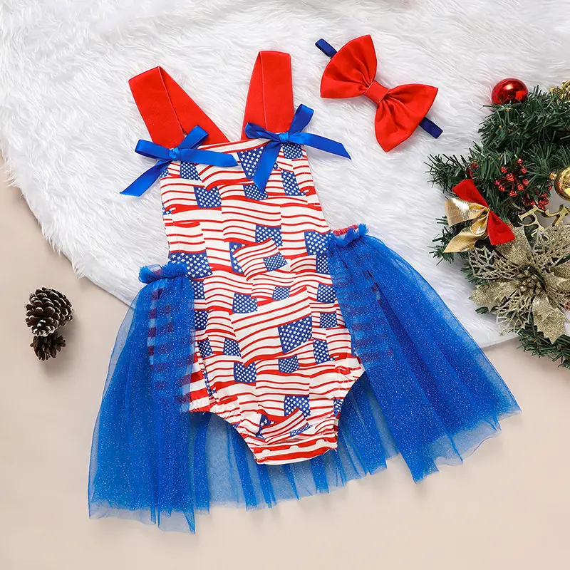 Baby's Independence Day Style Flag Pattern Triangle Bodysuit, Casual Sleeveless Bowknot Romper