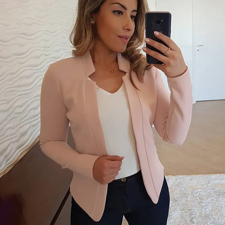 Small Suit Long Sleeve Solid Colour Cardigan Coat Top - Apricot