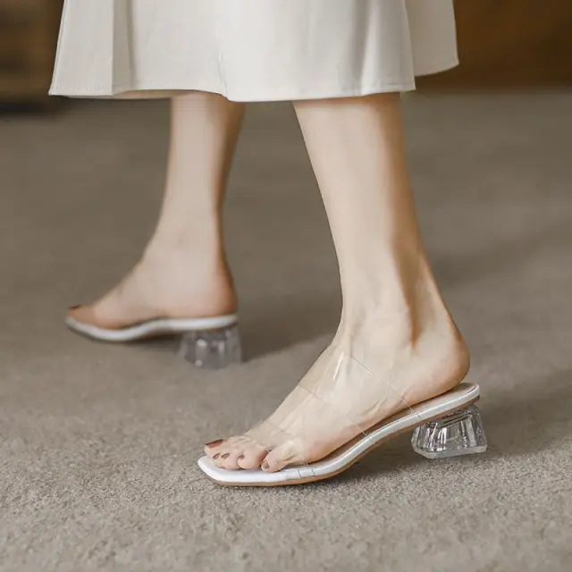 Flat Mid heel Chunky Crystal High Heels White - Shop at LoveMi