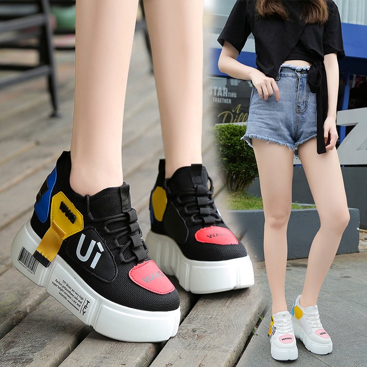Mesh breathable student sneakers thick soles hidden heel shoes Black - Shop at LoveMi
