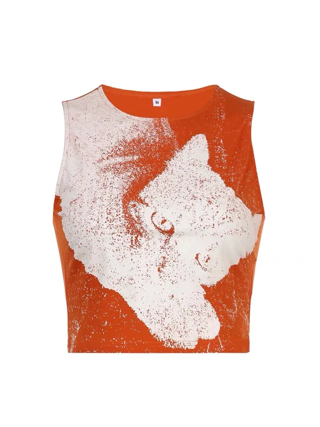 Sleeveless Suspender Vest Female Cat Print Orange - Shop at LoveMi
