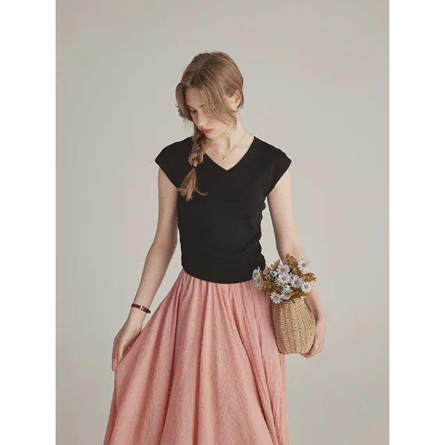 Gentle Solid Color Simple V neck Short Sleeve Slimming Women's Black - Shop at LoveMi