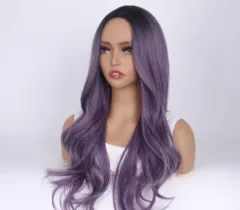 Purple Top Dyed Black Medium Long Curly Hair - Purple - View 1