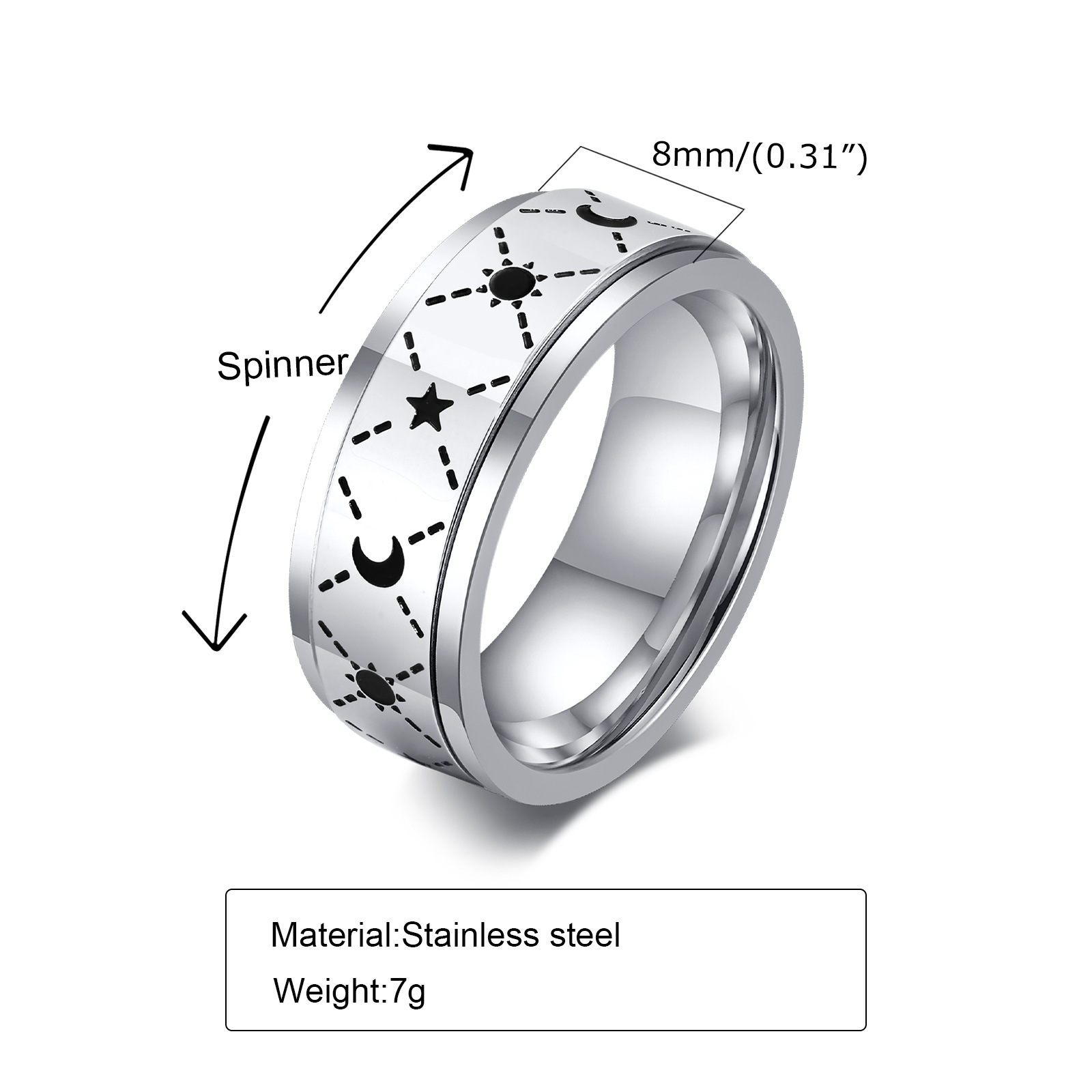 Title 5, Stainless Steel Corrosion Sun Moon Ring