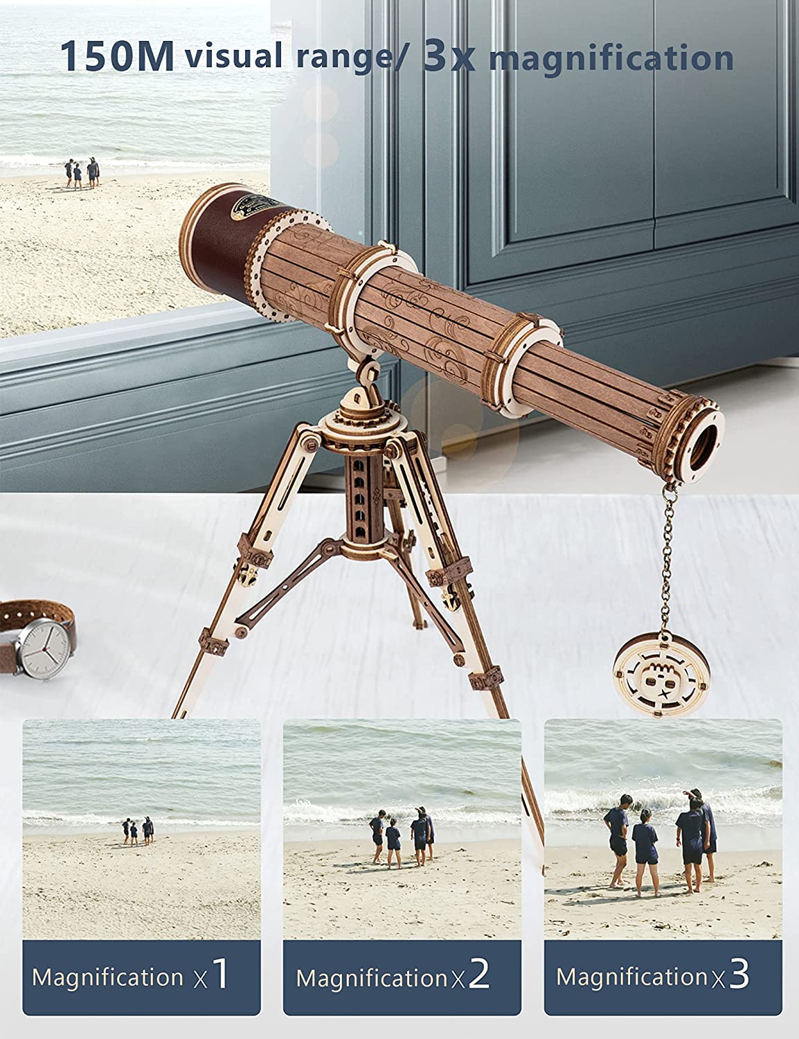 ROKR 3D Puzzles For Adults Wooden Telescope Building Model Kit With Tripod For Adults -3X Magnification Science Kit Gifts