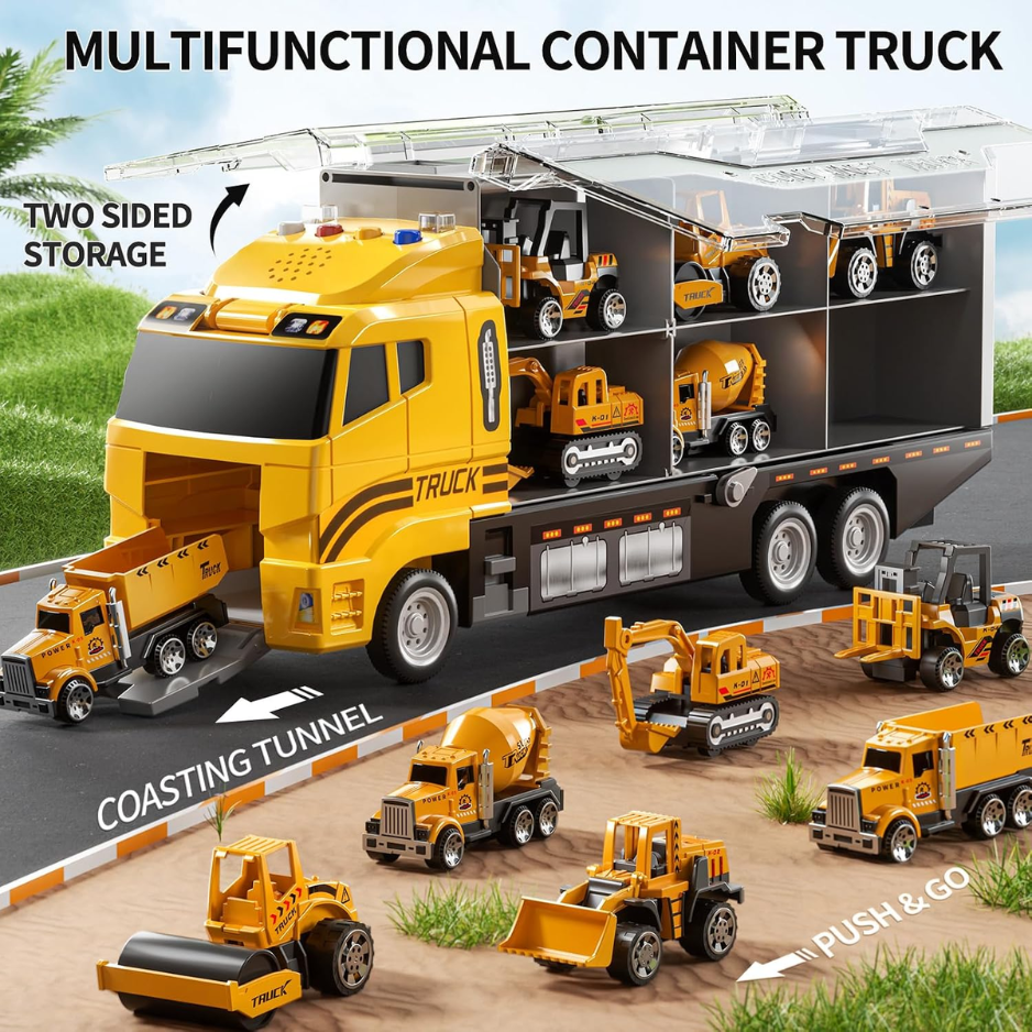 Kids Boys Construction Truck Vehicle Toy Set With Play Mat And Die Cast Toy Car, Transport Carrier Truck For Kids