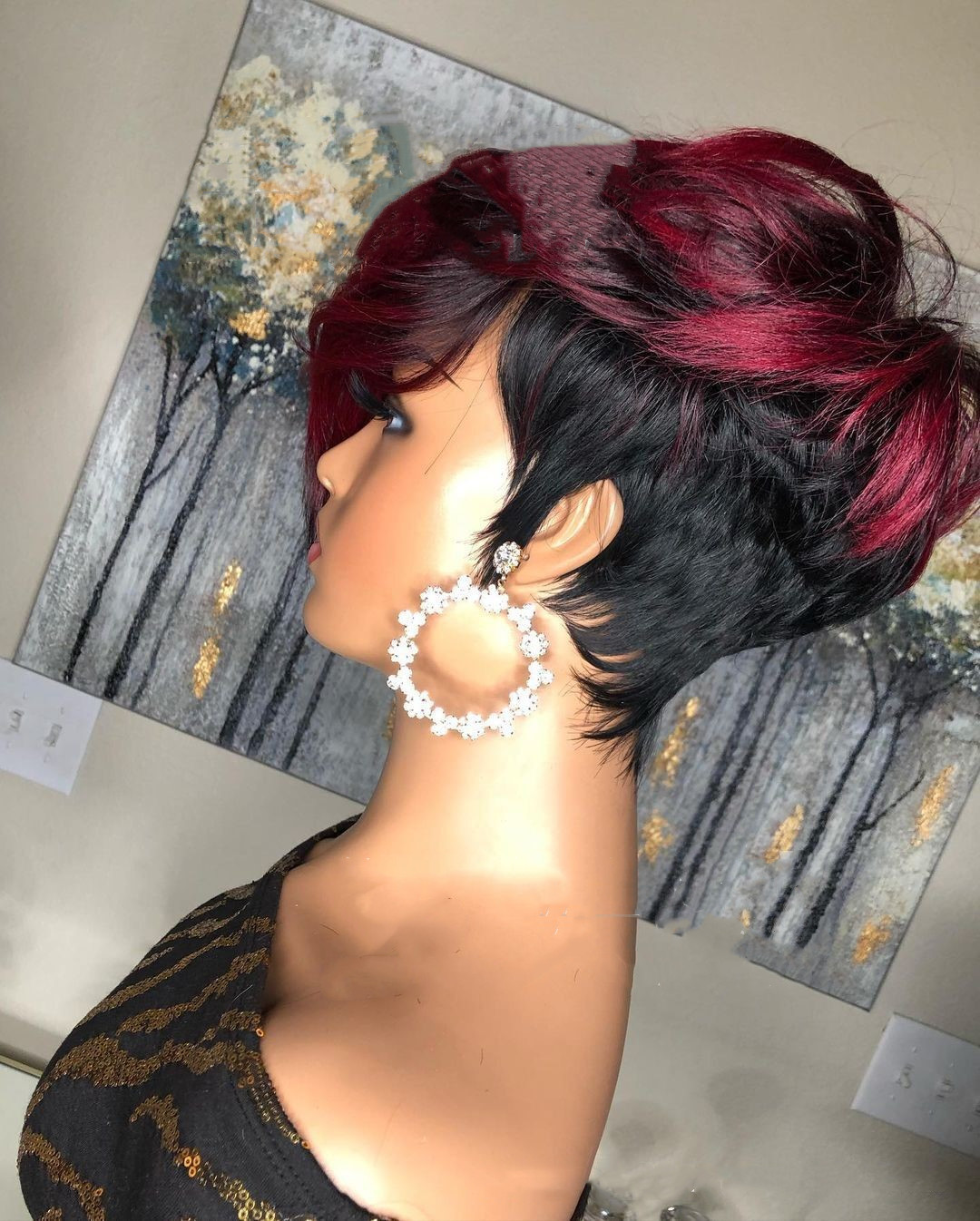 Dark Red Pixie Cut Wig Human Hair Short Bob Wig With Natural — foto 5