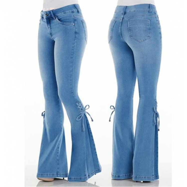 Mid Waist Lace Up Denim Trousers Stretch Jeans Women's Flared Pants Blue - Shop at LoveMi
