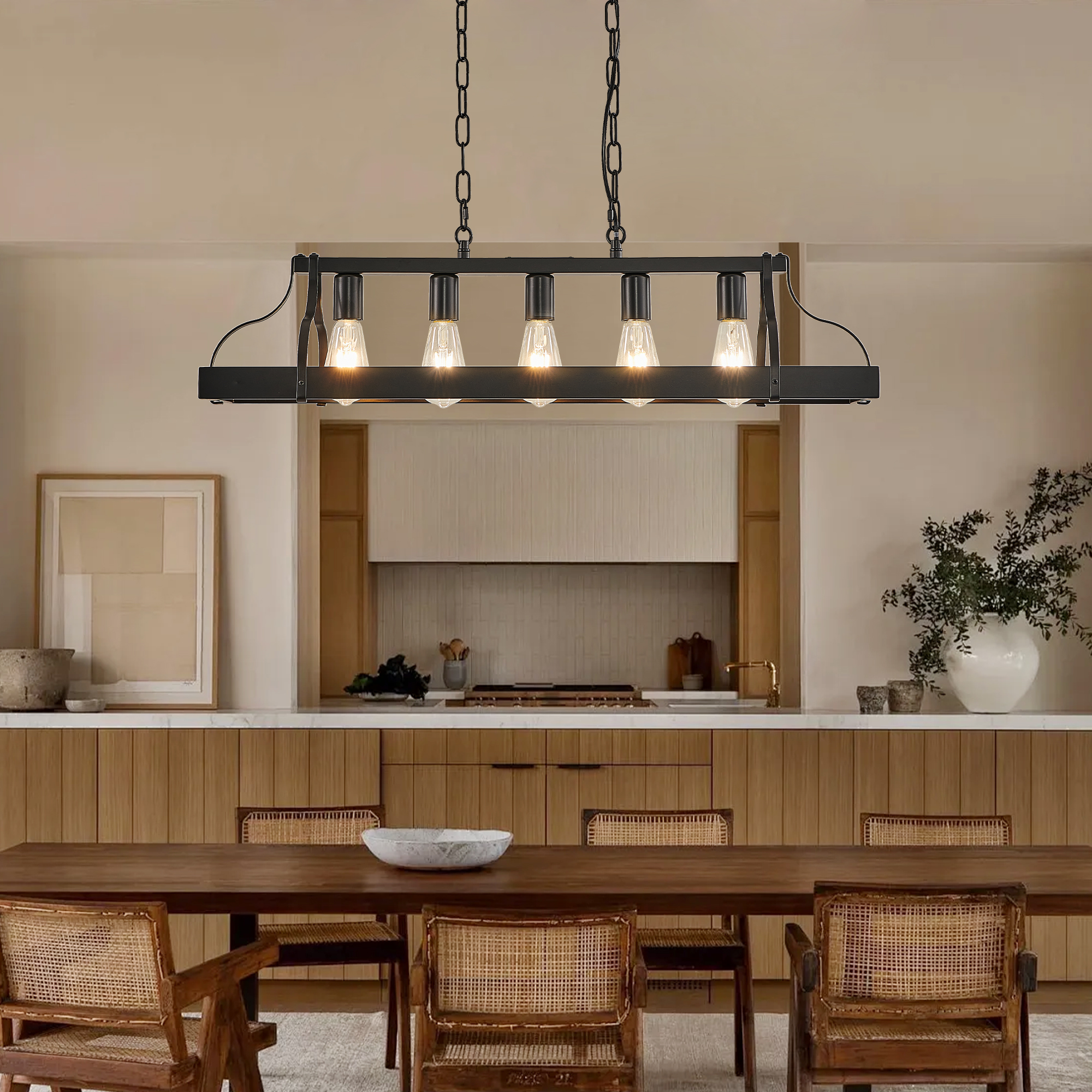 34-Inch Black Industrial Pendant Light With 5 E26 Bulb Sockets, Adjustable Chain Height - Modern Farmhouse Linear Chandelier For Dining Room, Kitchen Island, Or Living Room Bulb Not Included