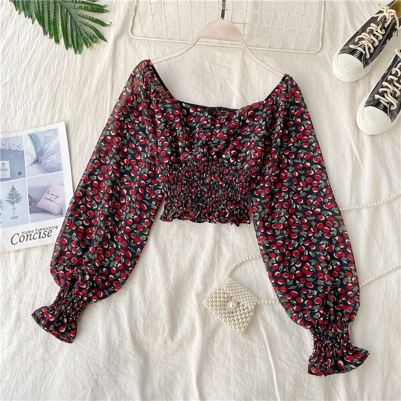 Printed Chiffon Shirt Women's Long-sleeved Slim Short Shirt Top