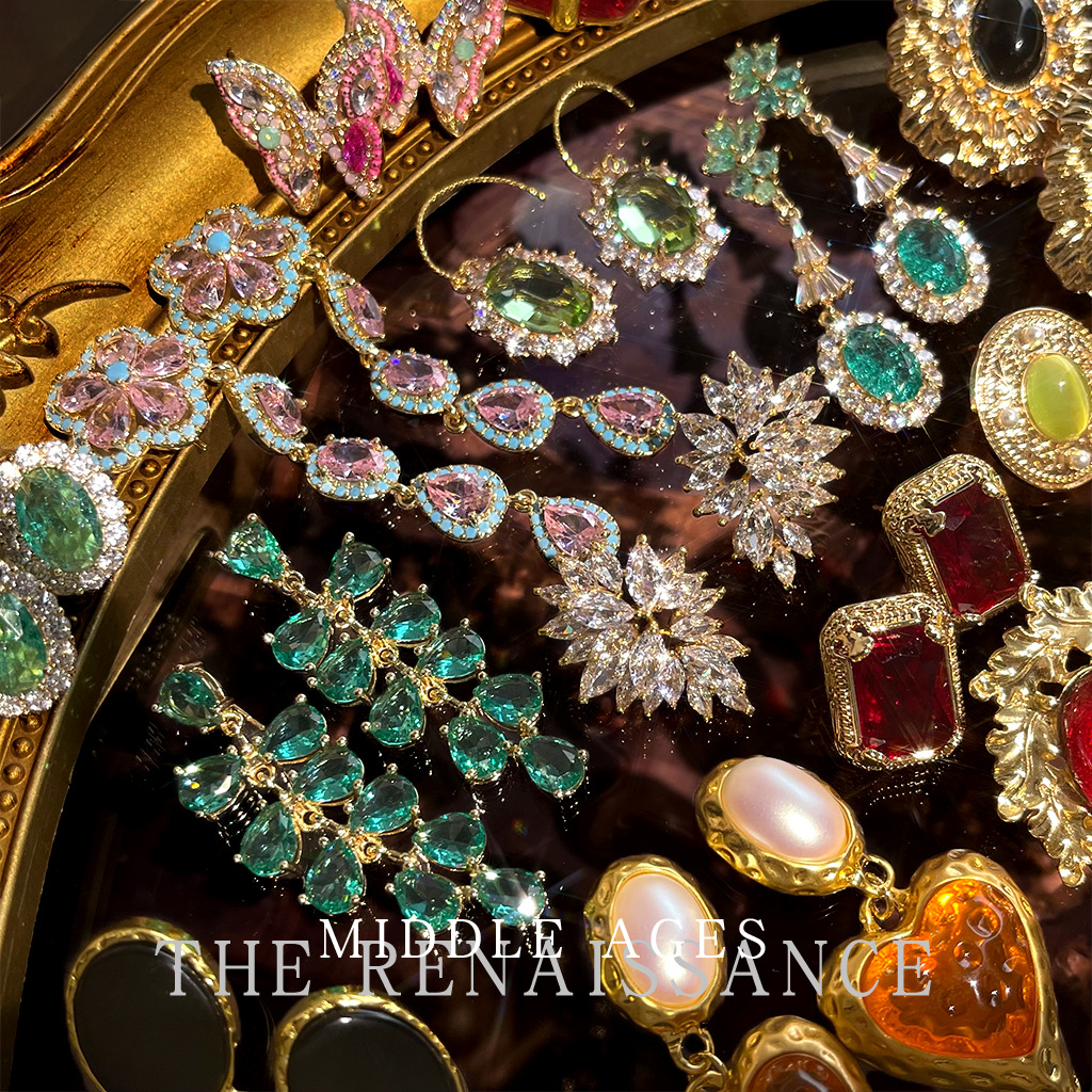 Vintage Heavy-Duty Colorful Zircon Earrings - Exaggerated Retro Western Style Studs, Light Luxury Palace Jewelry For Women