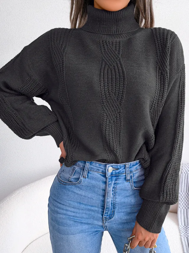 Women Turtleneck Cable Knit Lantern Sleeve Sweater Top Black - Shop at LoveMi