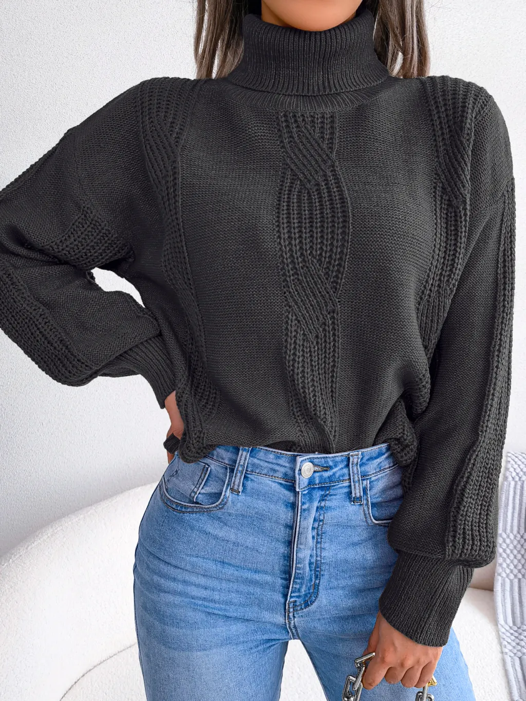 Women Turtleneck Cable Knit Lantern Sleeve Sweater Top - Black