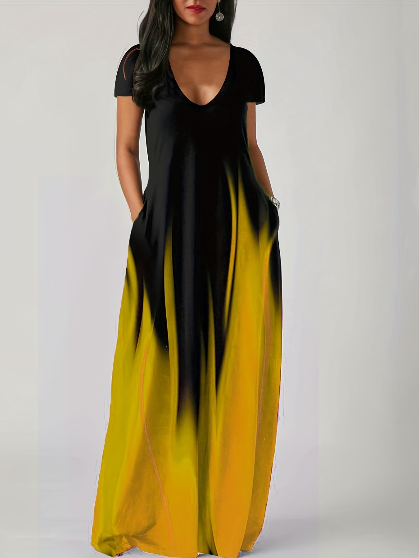 Women's Ombre Gradient Short Sleeve Maxi Dress With Pockets Casual V-Neck Loose Fit Long Dress For Summer
