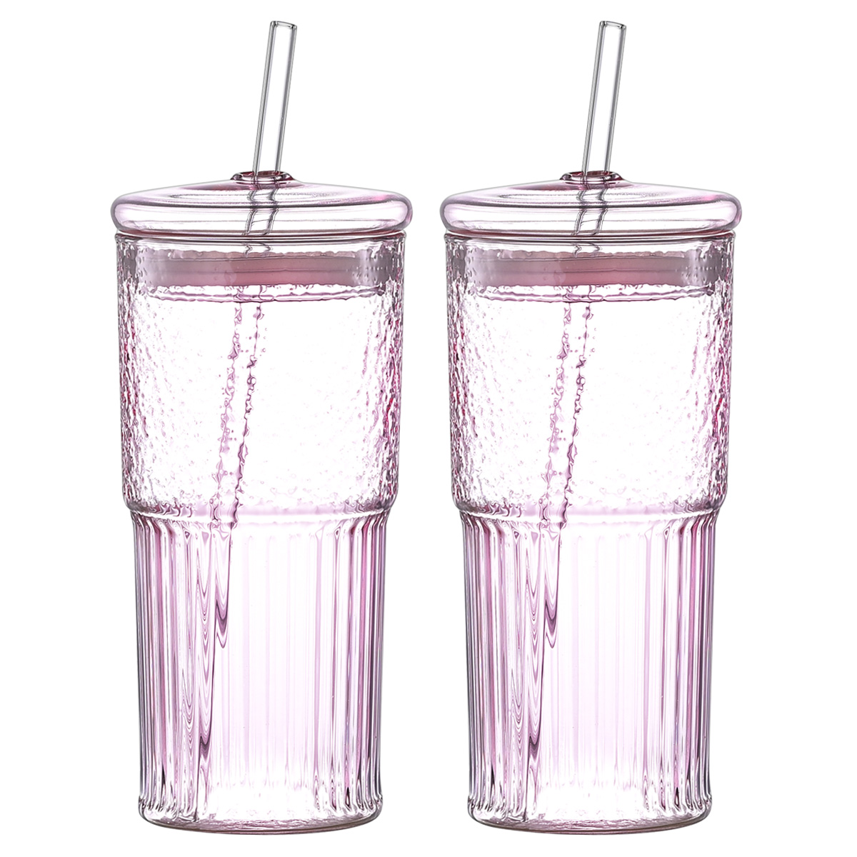 20 Oz 2-pack Pink Glass Straw Cup With Vertical Pattern Cup And Lid, High Borosilicate Heat-resistant Glass Cup For Juice, Milk And Cold Drinks