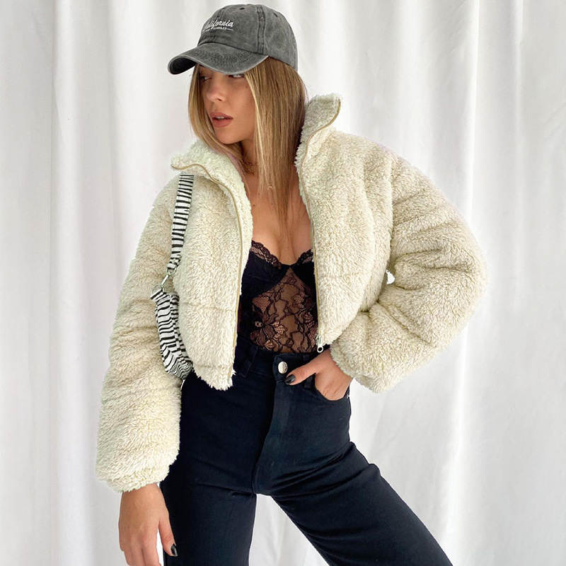 Women's Solid Color Plush Padded Zipper Short Coat