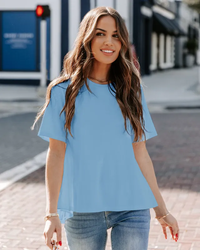 New Round Neck Ruffled Commuter Temperament Top Sky Blue - Shop at LoveMi