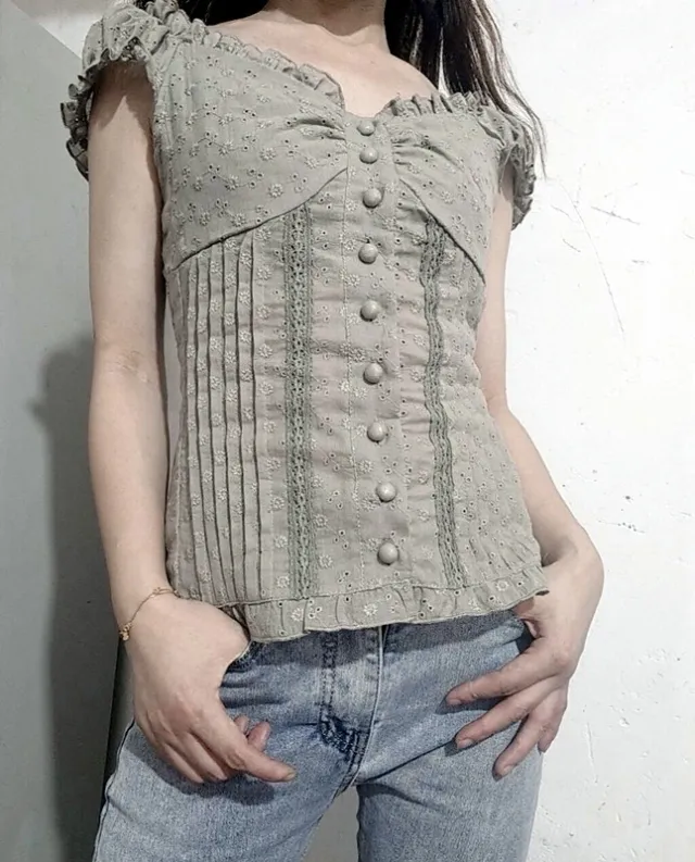 New Pleated Shoulder Button Fold Over Lace Bodice Grey - Shop at LoveMi