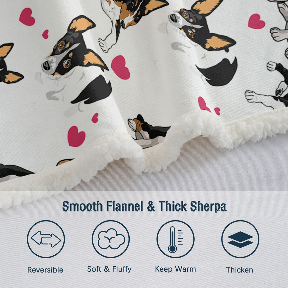 Rat Terrier Throw Blanket, Dog Lover Gift Blanket Reversible Plush Fluffy Red Heart Rescue Dog Sherpa Fleece Bedding For Kids Teens 5