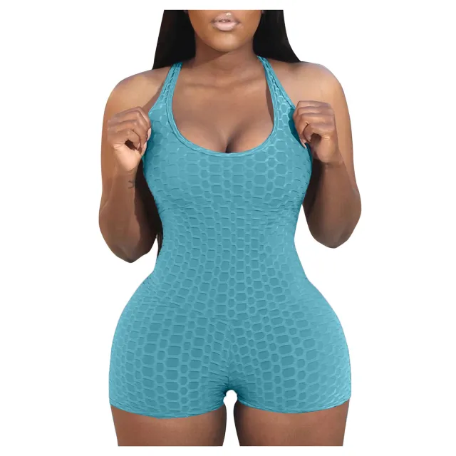Ladies Sleeveless Buttocks Sports Yoga Jumpsuit Light Blue - Shop at LoveMi