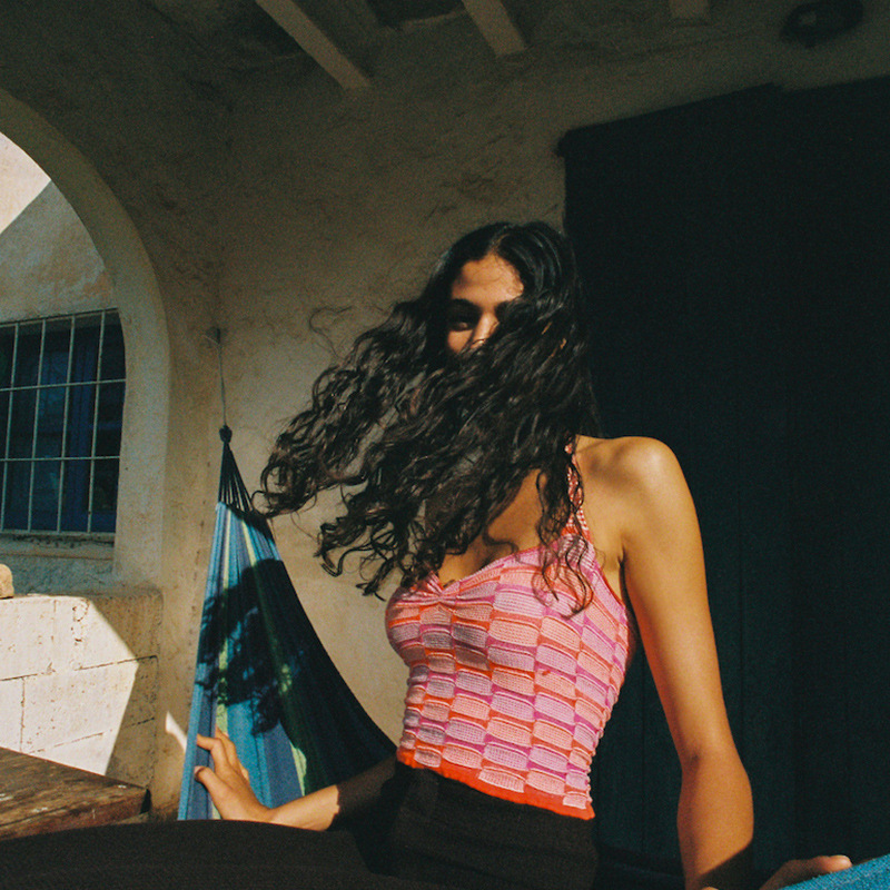 New Product Striped Halterneck Slim Fit Cropped Knit Inner Vest