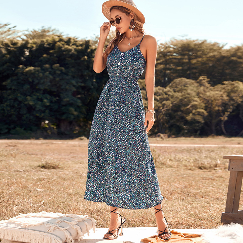 New Sling V-Neck French Print Sling Sleeveless A-Line Skirt