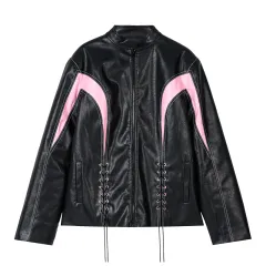 Spice Girls Lace Up Collar Long Sleeve Zip Short Jacket - Black - View 1