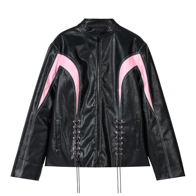Spice Girls Lace Up Collar Long Sleeve Zip Short Jacket Black - Shop at LoveMi