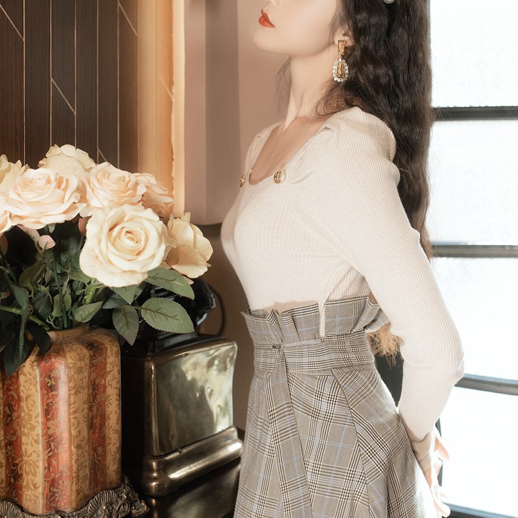 Plaid High Waist Skirt Square Neck Sweater Two-piece Suit