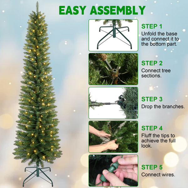 5FT Green Pencil Christmas Tree with 100 Warm White LED Lights – Slim PVC Tree with 263 Tips, Compact Design, Stable Metal Stand, Easy to Assemble-16
