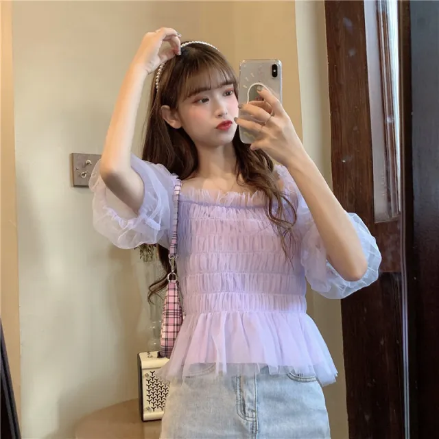 One shoulder Chiffon Shirt Puff Sleeve Short Top Women Women Purple - Shop at LoveMi