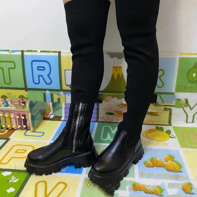 Socks Boots Female Knitted Platform Over the knee Boots Black - Shop at LoveMi