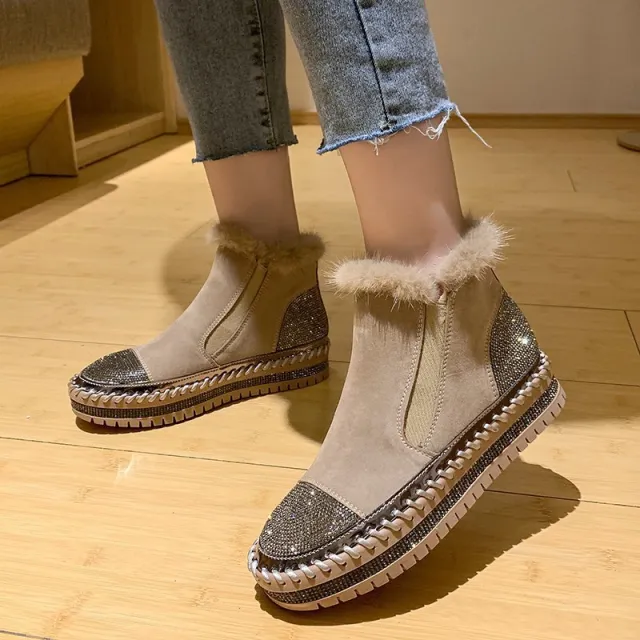 Rhinestone Ankle Boots Women Platform Shoes Fashion Boot Khaki - Shop at LoveMi