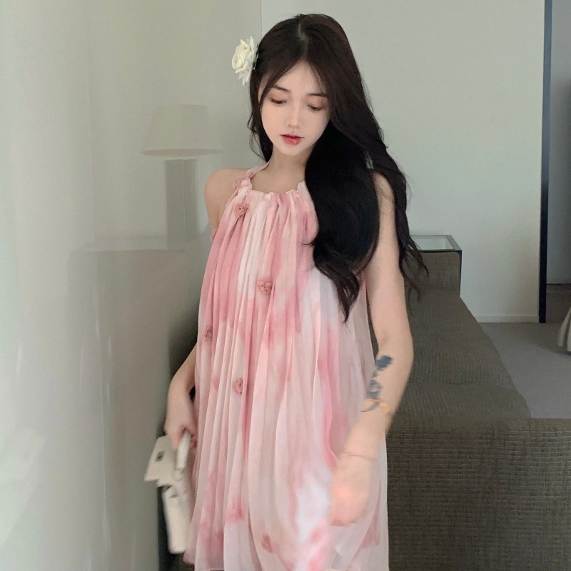 Loose High Waist Halter Neck Tie Dye Sexy Women's Dress