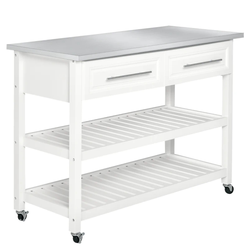 Kitchen Island With Stainless Steel Top, Traditional Kitchen Island With Storage, Butcher Block Cart 2-Tier Open Shelves, Drawers, White