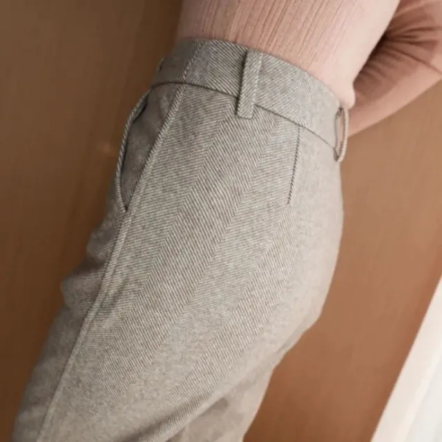 Herringbone Woolen Trousers For Women Autumn And Winter New Style High Waist Slim Straight Casual Trousers Apricot - Shop at LoveMi