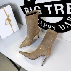 Shining Fabric Thin Skinnys Women's Stiletto High Heel Stretch Ankle Boots - Khaki - View 1